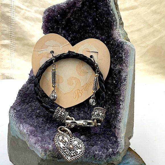 Brighton Silver and Gold Earrings Set & 7 1\2” Black Leather Bracelet W/Heart - Picture 3 of 6